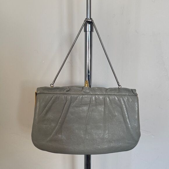 VINTAGE ETRA Elegant Gray Genuine Leather Handbag Clutch Gold/Silver Hardware - Picture 1 of 13